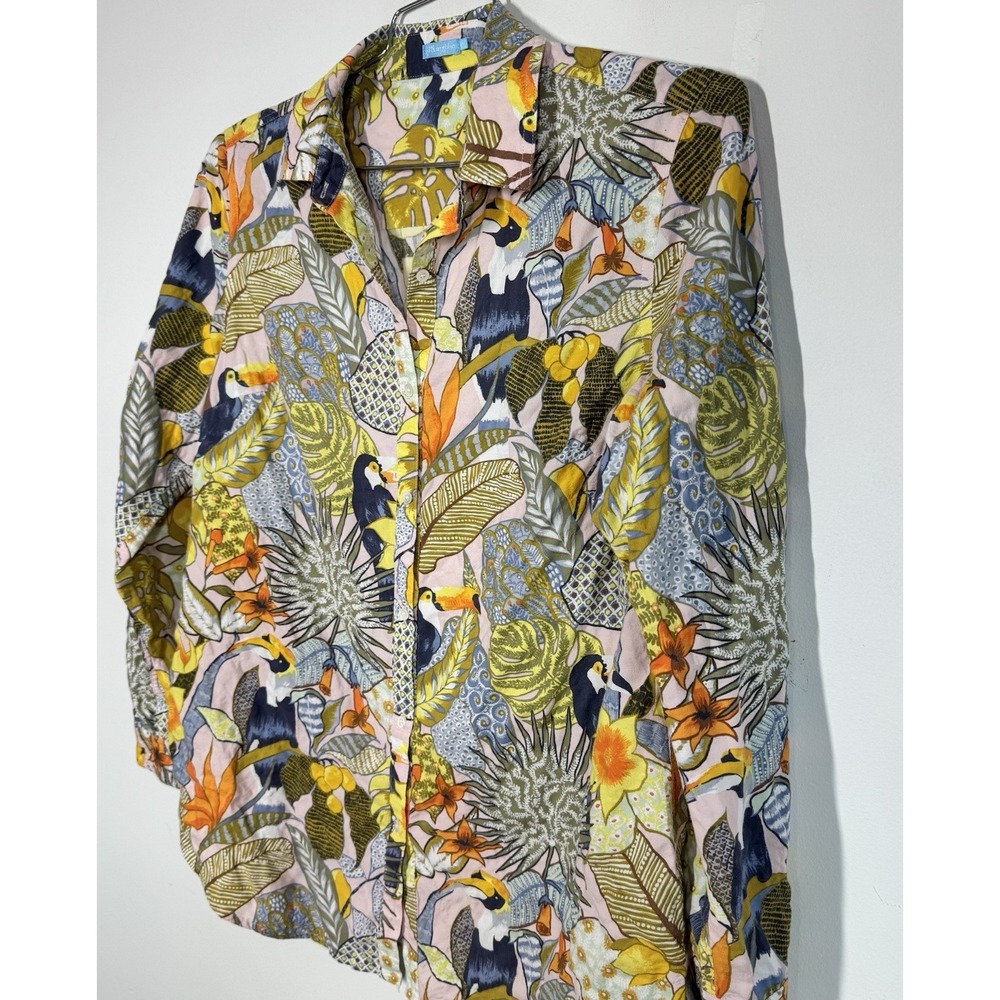 J. McLaughlin Tropical Toucan Long Sleeve Button Up Shirt Sz M Stretch Coastal - Picture 4 of 9